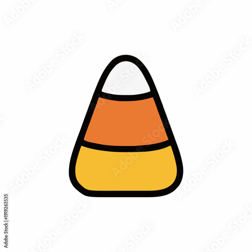 Simple illustration of candy corn with white orange and yellow stripes and black outline on a white background