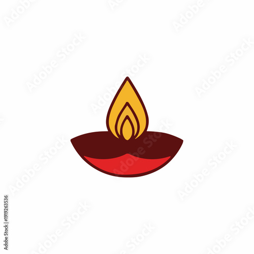 Simple Line Art Diya Oil Lamp With Flame Glowing Orange Yellow Red Background White