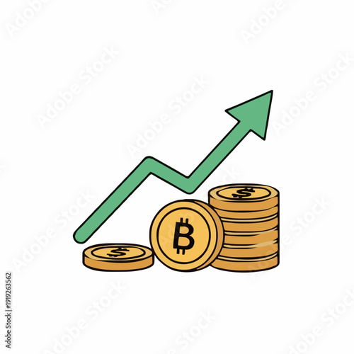 Growing stack of gold coins with an upward trending green arrow indicating financial growth and investment success on a white background