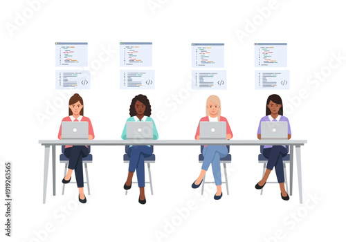 Diverse female programmers collaborating on code development in a modern office environment, illustrating teamwork and technology