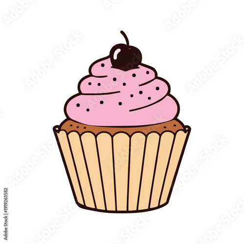 Hand Drawn Pink Frosted Cupcake Topped With A Cherry And Sprinkles Isolated On White Background