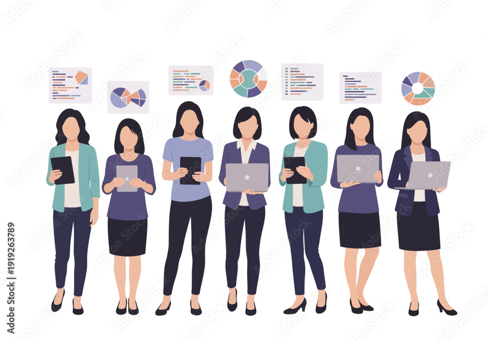 Obraz premium Diverse professional women analyzing business data with digital devices, surrounded by various charts and graphs, modern illustration.
