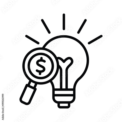 Magnifying glass on a lightbulb showing a dollar sign icon. Suitable for finance, savings, investments, and business concepts in a creative way.