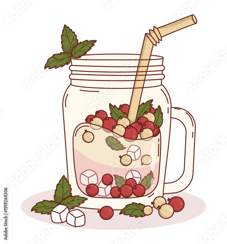 Layered Red and White Currant Smoothie in Mason Jar. Summer Healthy Vegan Berry Detox Drink with Berries, Mint, Eco Straw and Ice Cubes. Vector Illustration