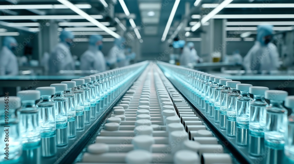 Fototapeta premium A factory line of bottles with a blue light shining on them