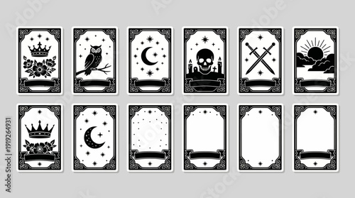 Gothic skull-themed playing cards set in black and white with moon, crown, crosses and other grim imagery