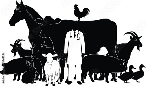 Veterinarian with farm animals silhouette illustration, livestock agriculture concept featuring horse cow goat pig poultry and rural farming scene