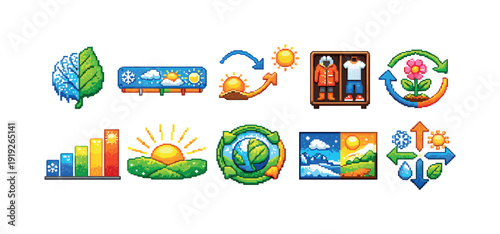 Weather and climate retro icon set. Sun, rain, seasons, nature icons in 3d style