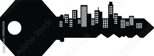 Urban city skyline inside key silhouette, creative real estate and property security concept with modern architecture illustration