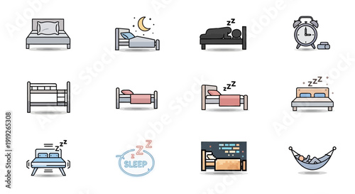 A collection of sleep and bed icons, featuring various bed types, sleeping figures, and related symbols like alarm clocks and Zzzs.