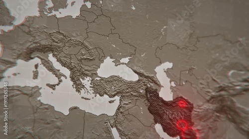 Military map of Iran showing airstrikes and military actions. Visual representation of conflict zones and strategic targets. Suitable for news reports, defense analysis, and geopolitical coverage.