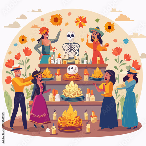 Joyful Cultural Celebration Honoring Ancestors with Traditional Offerings, Candles, and Flowers