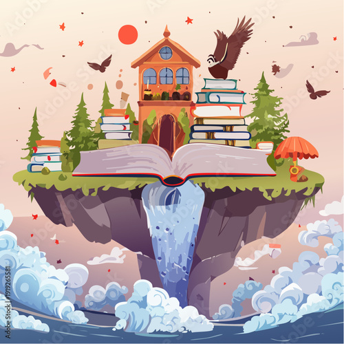 Imagination takes flight an enchanted island of books with a waterfall and an eagle soaring