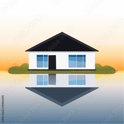 Beautiful modern house reflected in calm water during sunset