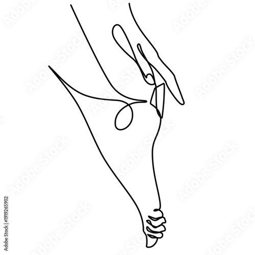 Woman's hand touching the heel of the foot one line drawing. Woman's hand touching the heel of the foot single line illustration. Woman's hand touching the heel of the foot minimalist line art