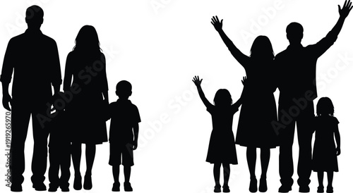 Happy family silhouette with parents and children, togetherness love and unity concept vector illustration isolated background