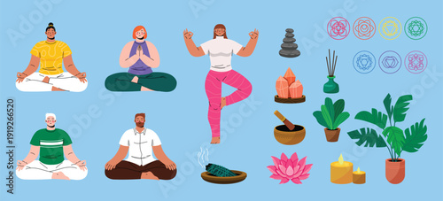 Complete Meditation Illustration Set With Characters and Spiritual Elements Hand Drawn Flat Style