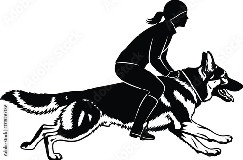 Woman riding German Shepherd silhouette, police dog training and working canine vector illustration isolated on light background