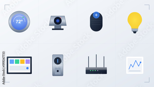 Smart home technology icons set featuring thermostat security camera light bulb control panel doorbell router and data analytics chart