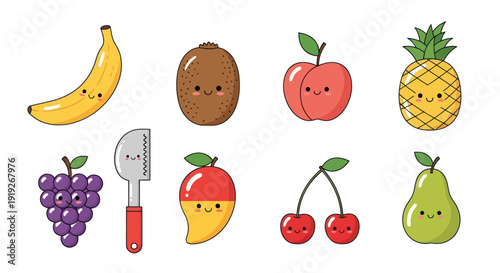 Cartoon fruit collection on white background
