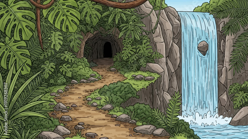 Jungle Pathway to a Hidden Cave and Tropical Waterfall