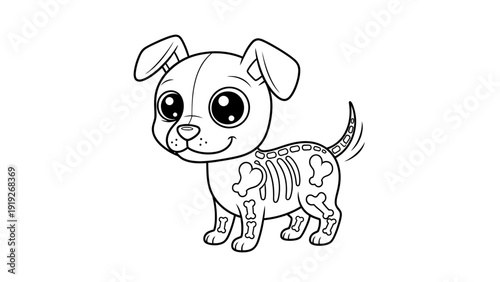Cute cartoon dog with a skeleton body, black and white illustration