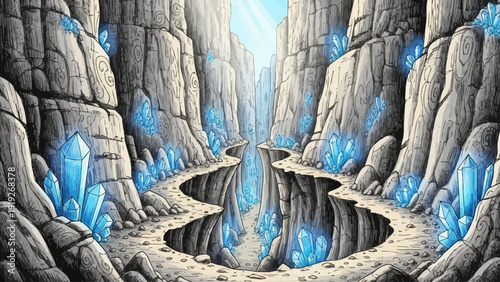 Fantasy canyon path lined with glowing blue crystals.