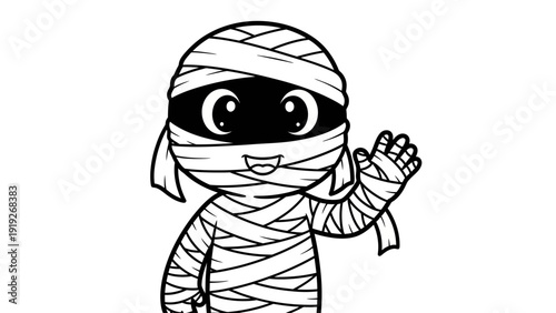 Cute mummy character waving hello on white background