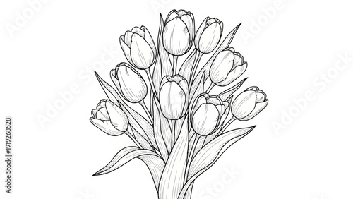 Bouquet of tulip flowers in line art style for coloring book page illustration