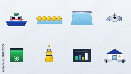 Collection of maritime and commercial fishing icons including boat net buoys and data charts for ocean industry monitoring