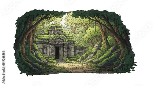 Illustration of an ancient stone temple hidden deep within a lush mossy jungle forest