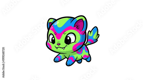 Cute cartoon animal with vibrant blue, pink, and green patterns.