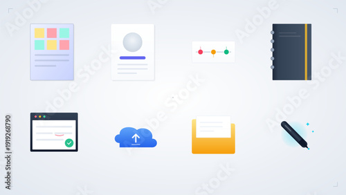 Modern business and productivity icons including cloud upload folder notebook and digital pen for web design and workflow