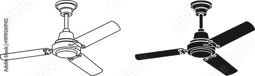 Black and white vector illustration set of a modern three blade ceiling fan in outline and silhouette styles for interior cooling and ventilation branding