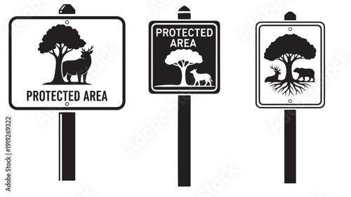 Protected Area Wildlife Conservation Signboard Silhouettes With Tree Roots And Animal Icons For Nature Reserve Awareness And Environmental Protection
