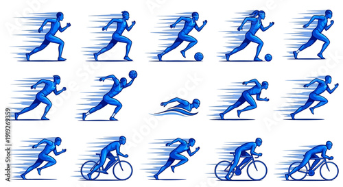Blue monochrome speed runner silhouettes vector set portraying rapid motion blur effects, sprint acceleration poses, athletic performance energy, and dynamic competition movement ideal for sports bran