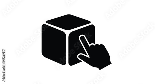 Black silhouette of a cube with a hand appearing to pull a strip
