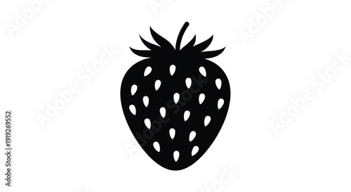 A simple black silhouette of a ripe strawberry with green leaves