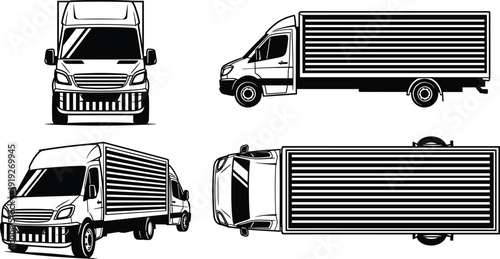 Commercial delivery box truck vector illustration set, front side top and perspective views, detailed cargo transport vehicle isolated on white background