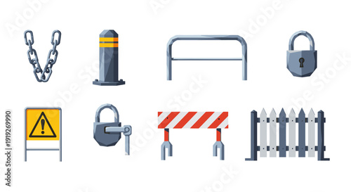 Urban security elements: barriers, locks, and safety signs in modern design