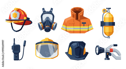 Essential firefighter equipment in modern geometric style