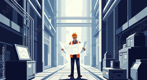 Architect analyzing blueprints in modern industrial warehouse setting