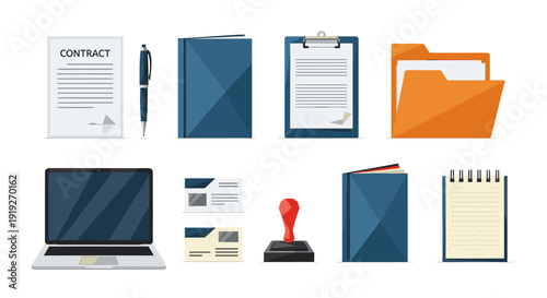 Office supplies and documents set with modern design elements