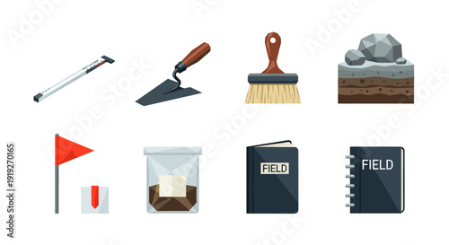 Archaeological tools and artifacts collection with isometric design for field exploration