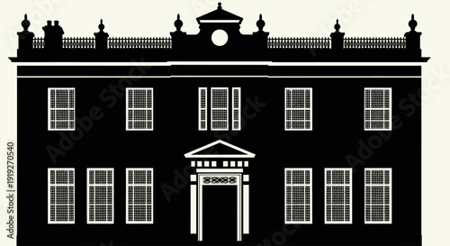 Classic architectural building silhouette vector set showcasing elegant historic mansions, institutional facades, heritage houses, and traditional estate structures in bold monochrome style ideal for 