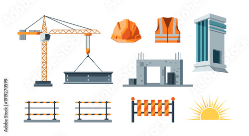 Modern construction elements with equipment in flat design for building projects