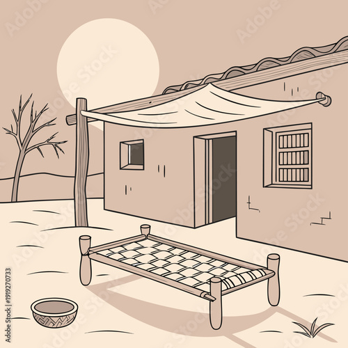 Outdoor Rural Rest Charpai Heritage Living Illustration Icon