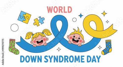 World Down Syndrome Day Illustration with Smiling Children and Yellow Ribbon in Bright Colorful Design for Awareness Campaign