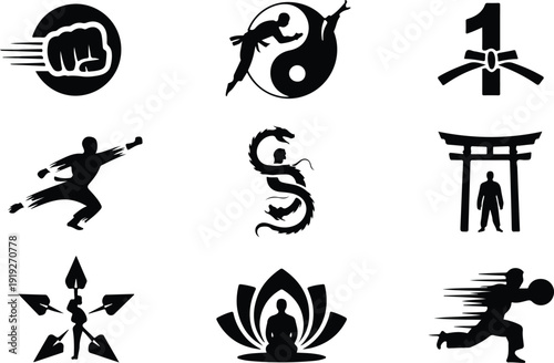 Martial Arts Icon Set Combat Vector Karate Taekwondo Fighter Icon Pack