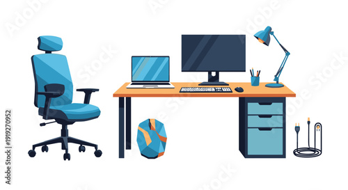 Modern home office workspace with computer and office chair in flat design